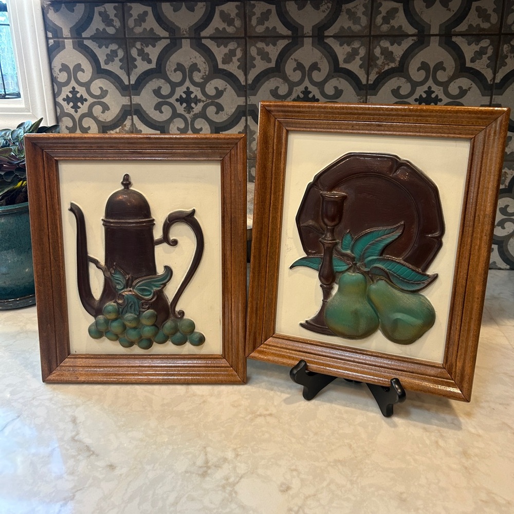 Vintage 1960s 3D Wall Art by IDEAL ORIGINALS with Coffee Pot and Pears- Set of 2